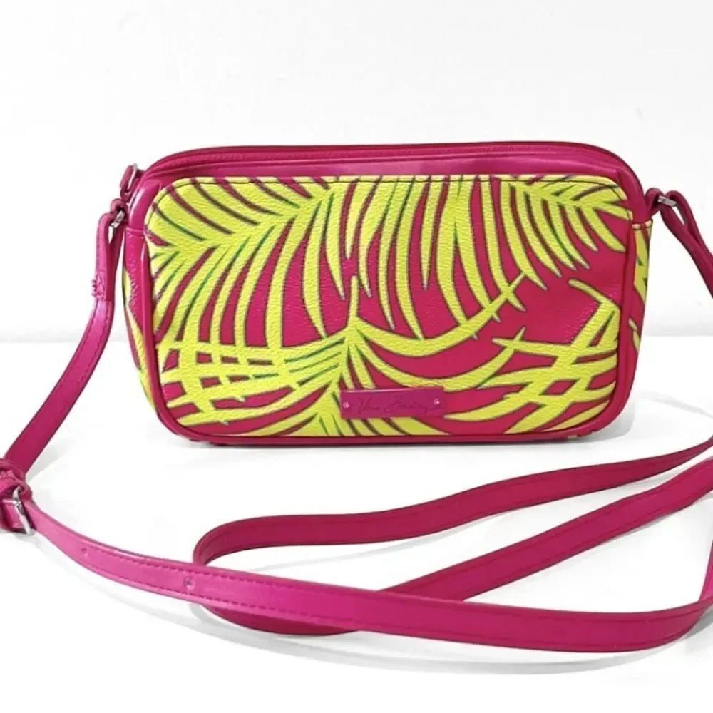 EUC Vera Bradley Pink & Neon Green Palm Fronds Faux Leather Small Crossbody Bag